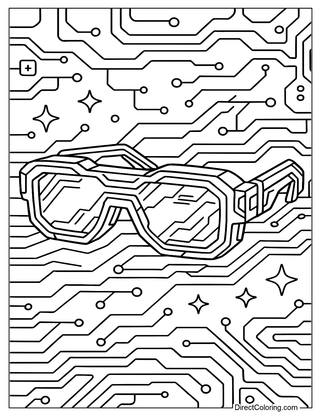 coloring page High-tech sunglasses, futuristic design with electronic details